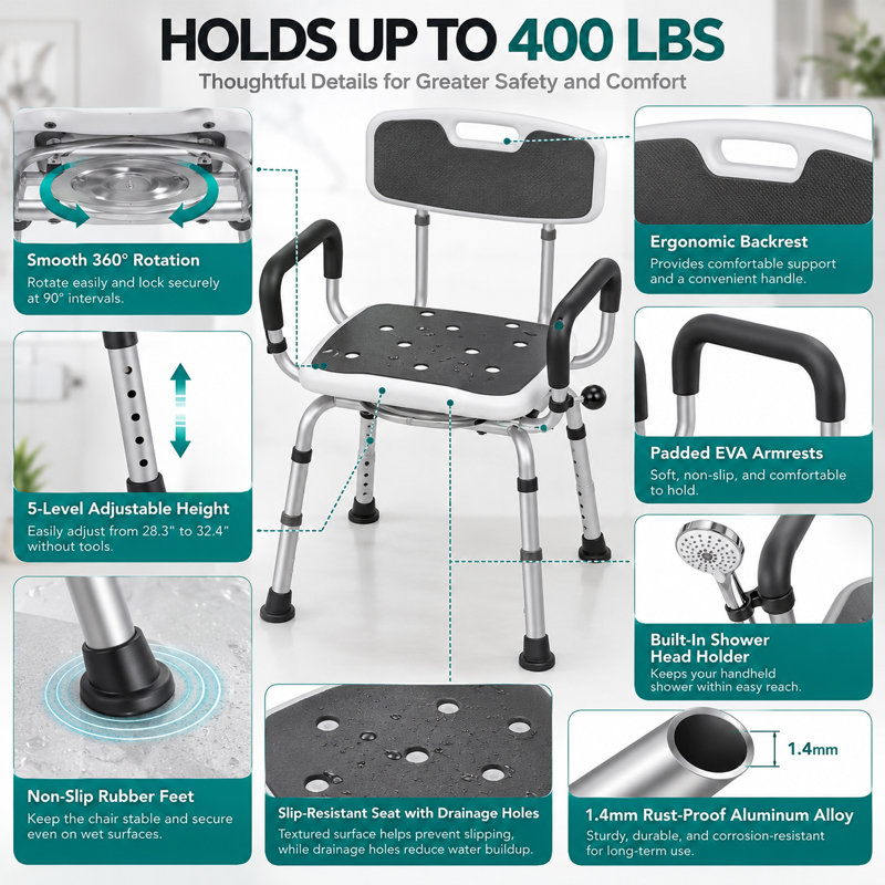Shower Chair with Arms & Back, 400lbs