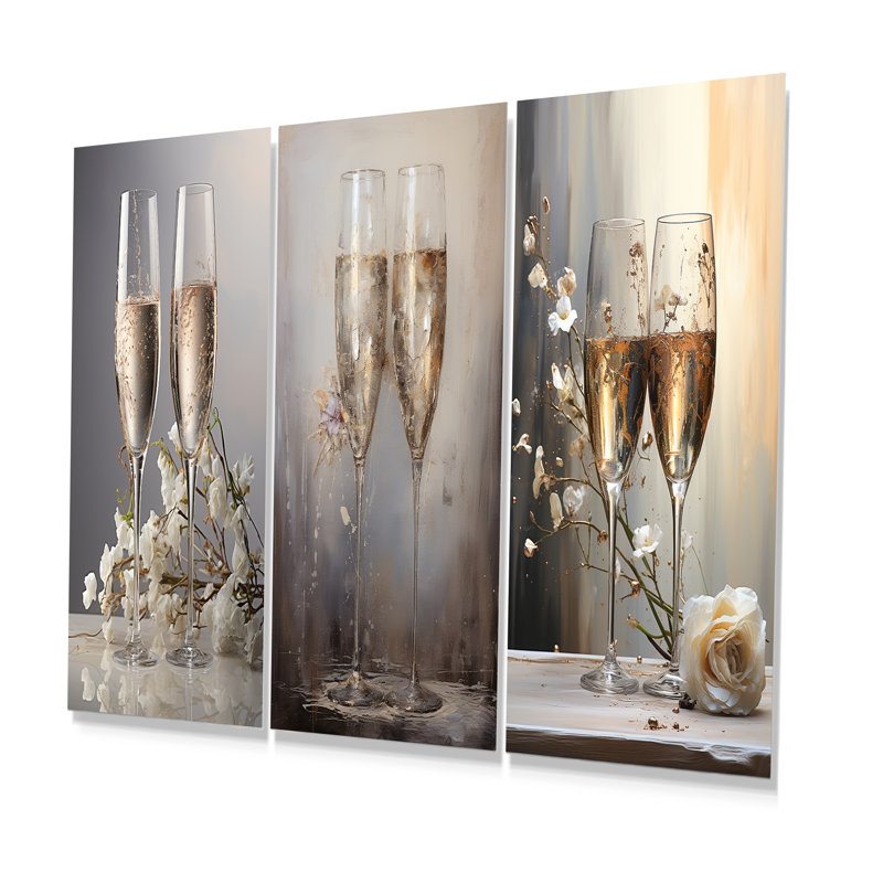Champagne Flute Fantasies - Champagne Metal Wall Art Living Room Set Of 3, 28" H x 36" W