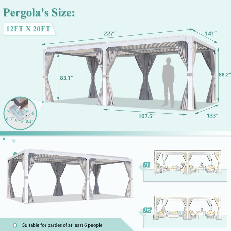Pergola extérieure à lames orientables de 3,65 m x 6,10 m avec toit ajustable et drainage dissimulé – Gazebo rigide en aluminium antirouille pour patio, cour arrière, terrasse et jardin