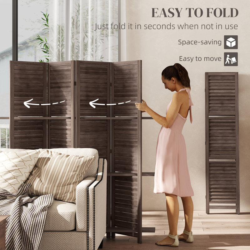 Paravent, écran d'intimité en bois à 4 panneaux de 67 po de hauteur avec 3 tablettes de présentation et rangement pliant pour la chambre à coucher ou le bureau personnel, noyer