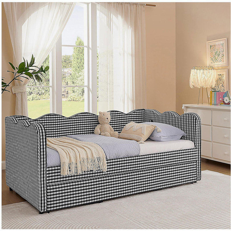 Cozy Gingham Daybed with Trundle Twin Size Sofa Bed No Box Spring Needed, with USB Port and Adorable Wave Shaped, Linen Fabric, Black