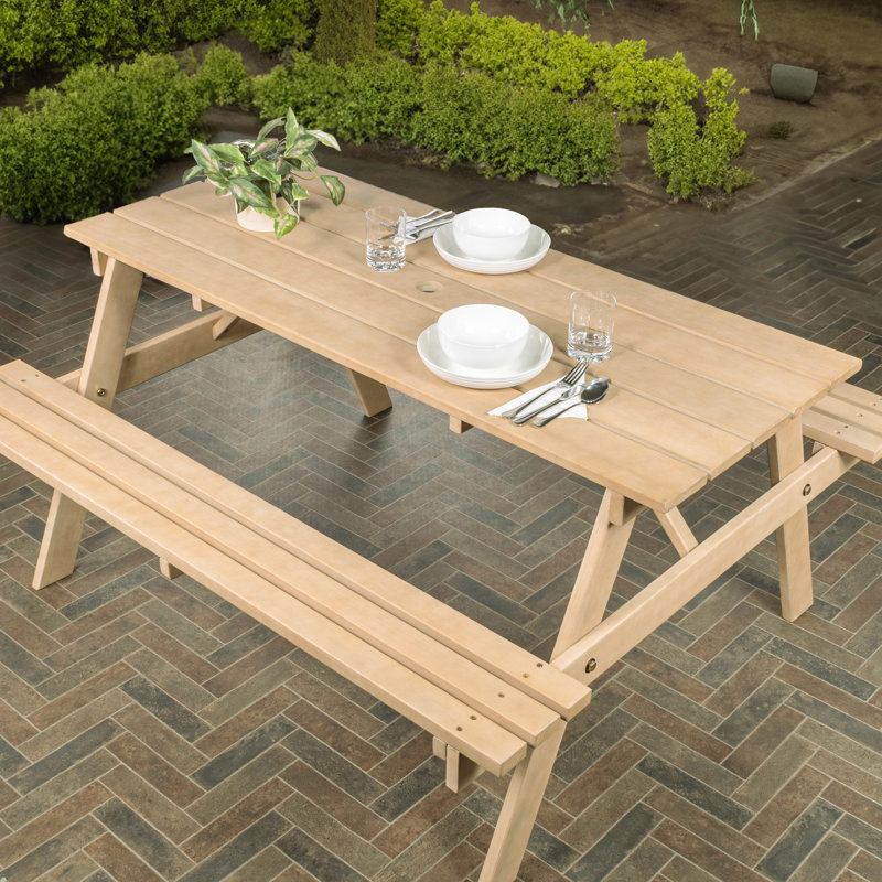 Shoreham 59" Classic Eucalyptus Wood Outdoor Picnic Table with Built-In Benches and Umbrella Hole, Light Teak for Patio and Backyard