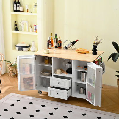 Kitchen Island Trolley With Drop - Leaf Counter Space, 2 Drawers, Door Unit, Towel And Spice , White , 48.76 In Long, 103.39 Lb Counter, Rack, Storage Rubberwood, 34.13 Tall, 145Lbs Load