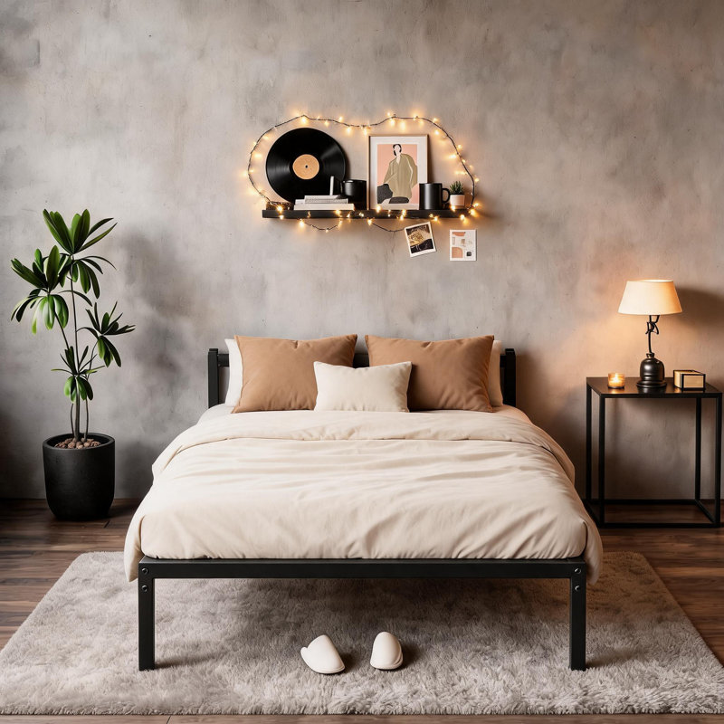 Cadre de lit plateforme robuste en métal noir, sans sommier, base de lit silencieuse avec rangement sous le lit, compatible avec les têtes de lit
