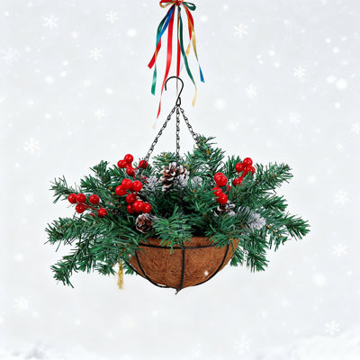 Panier de Noël artificiel pré-éclairé, pin hivernal, décoré de pommes de pin givrées, grappes de baies, lumières blanches, collection de Noël, 18 pouces