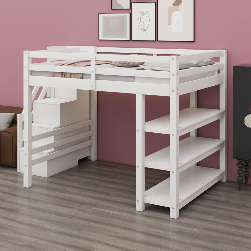 Lit mezzanine multifonctionnel avec tablettes intégrées, escalier de rangement, garde-robe compacte et éclairage à DEL ambiant