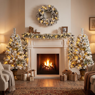 Ensemble de décorations de Noël préilluminées 4 pièces avec guirlande, couronne et 2 sapins d'entrée – 325 lumières DEL blanc chaud, PVC ignifugé et branches articulées pour une installation facile