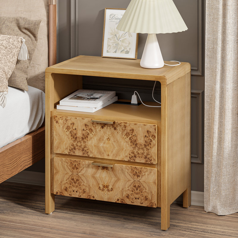 Manish 2 Drawer Nightstand With Charging Station, Natural