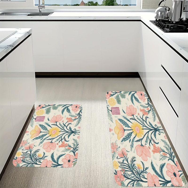Fresh Floral Accent, Kitchen Mats Set Of 2, Pink/Green Floral
