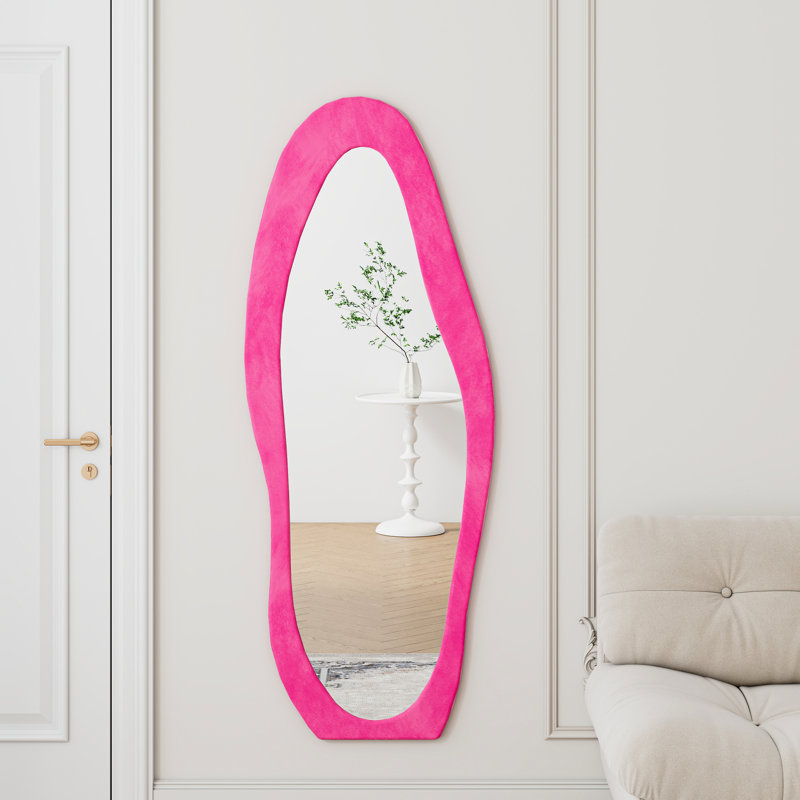63" X 24" Full Length Mirror, Flannel Wrapped, Irregular Footprint Shape, High - Definition, Rose Pink For Bedroom Floor Wrapped Frame, Unique Footprint, Pink, Safe Home Use