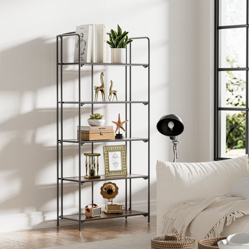 Lejon No Assembly Folding Etagere Bookcase, Black, (5 Shelves) 65.7" H x 30.9" W x 12.87" D