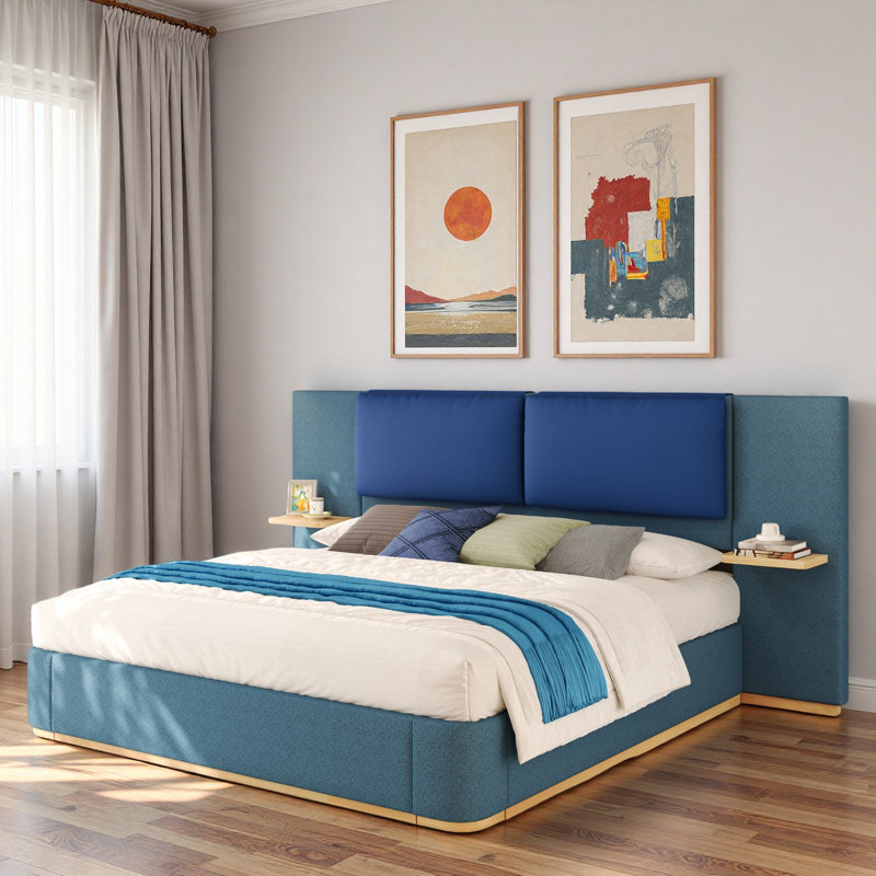 Lit plateforme tapissier avec tablettes, Bleu, Grand lit