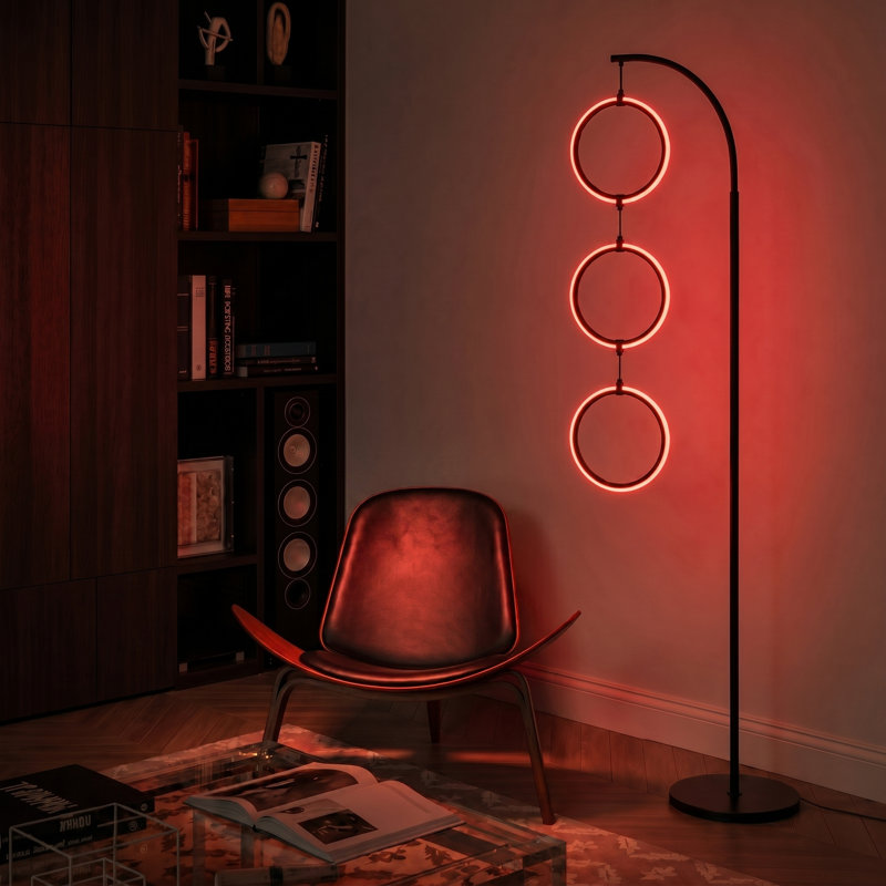 Lampe sur pied à DEL suspendue à 3 anneaux 74 po avec options de couleurs intégrées
