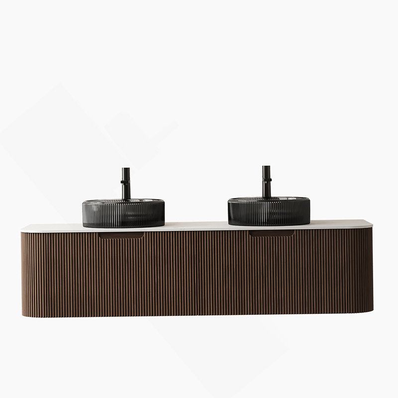 Meuble-lavabo mural 60 po avec lavabos, bords arrondis, rangement rayé, 2 tiroirs, 2 lavabos en verre noir transparent et comptoir, pré-assemblé, grain de bois foncé