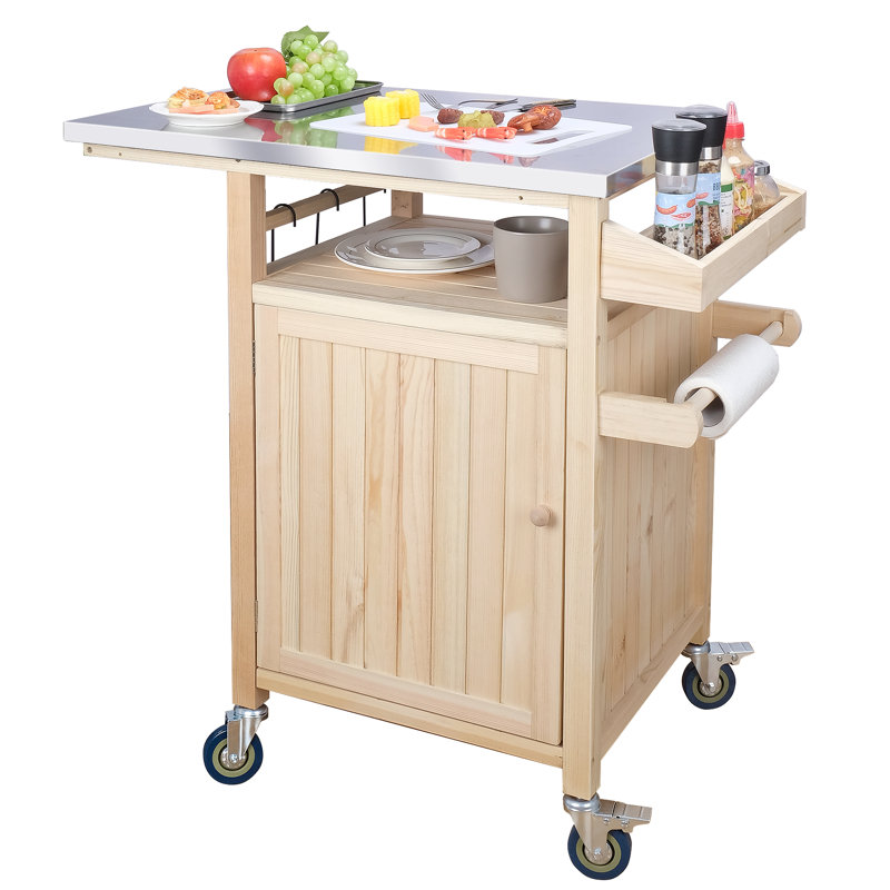 COOLBEBE Table de préparation extérieure pour chariot de barbecue avec plateau en acier inoxydable, table de barbecue en bois massif avec roulettes et tablette latérale (Burlywood)