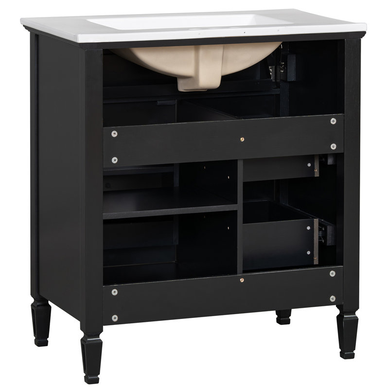 Meuble-lavabo 30 po avec lavabo en céramique, tiroir rabattable, Noir
