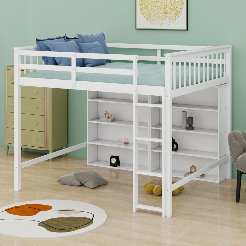 Solid Wood Loft Bed With 8 Open Storage Shelves, Built-In Ladder, White