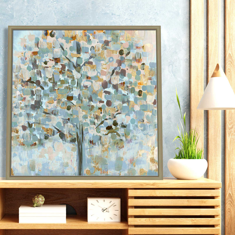 «Mosaic Tree» par Susan Jill - Peinture, L 27,5 po x H 27,5 po, Encadrement brun