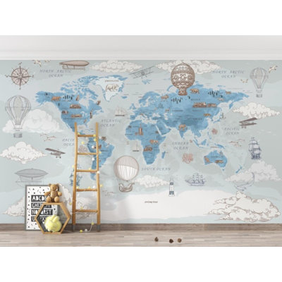 Papier peint enfants, carte du monde rétro, avion, ballon, murale