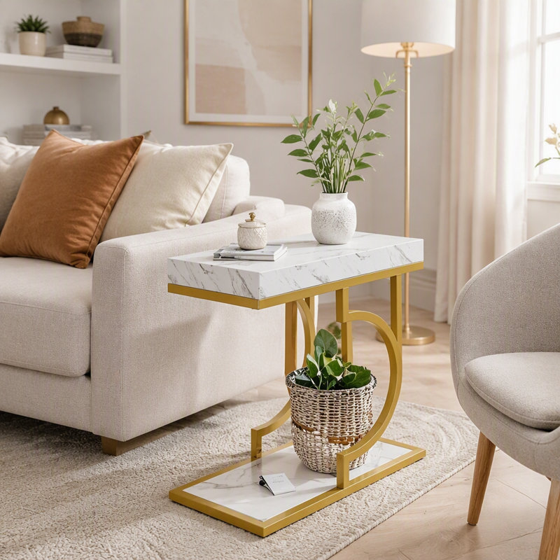 C Table, table de chevet moderne avec structure en métal, White