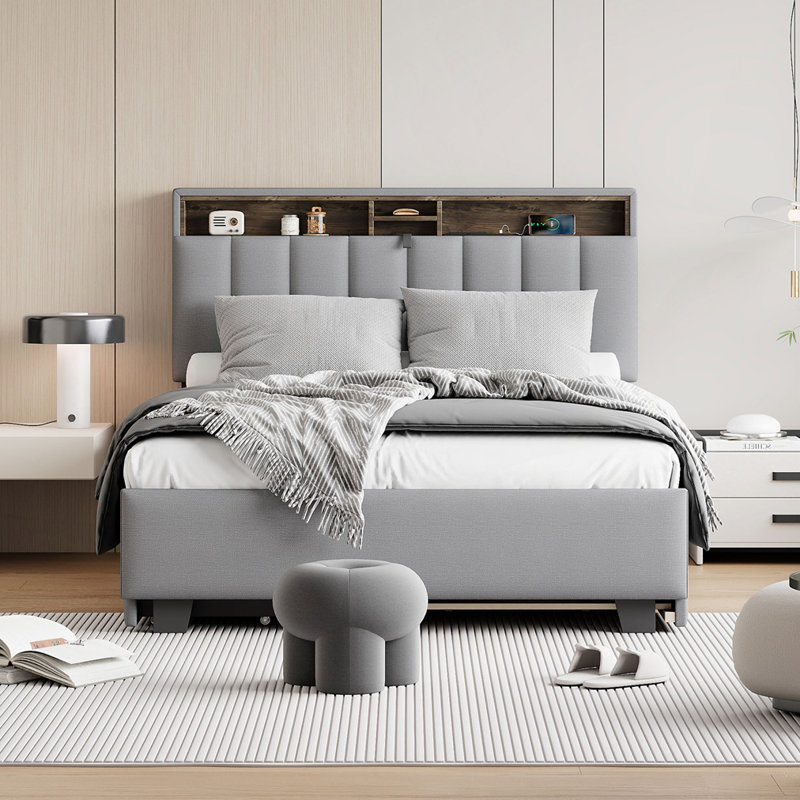 Full Size Upholstered Platform Bed With Storage Headboard
