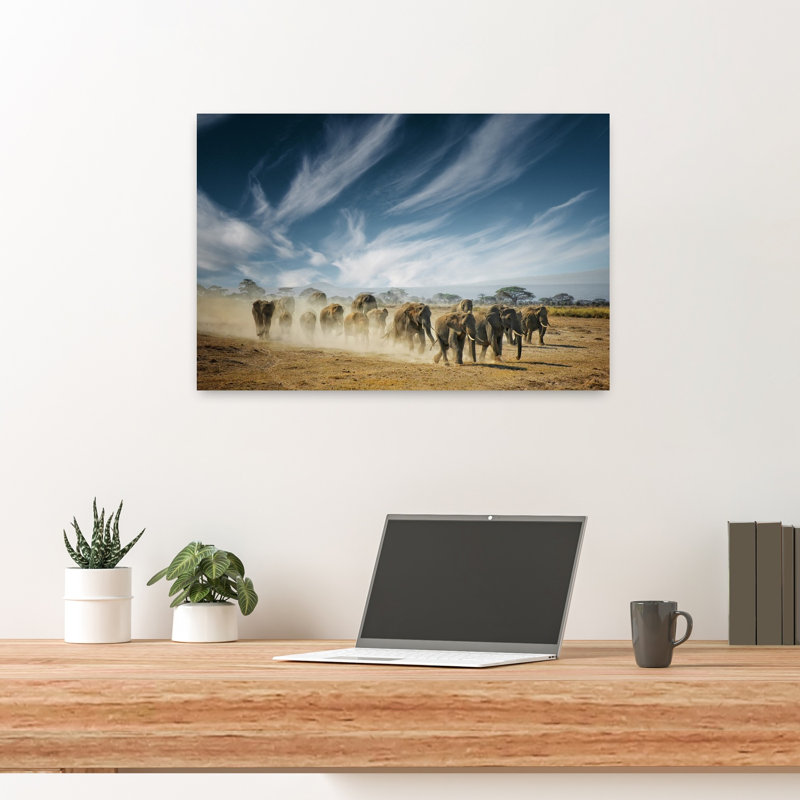 Éléphants d'Afrique, traînée de poussière abstraite, paysage contemporain d'éléphant, art mural, H 16 po x l 24 po