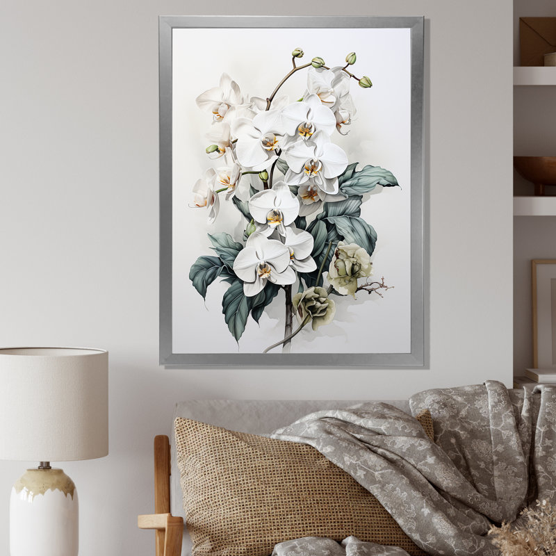 Orchidée noire et blanche sur fond de tranquillité, H 44 po x l 34 po x P 1,5 po, Cadre simple argenté