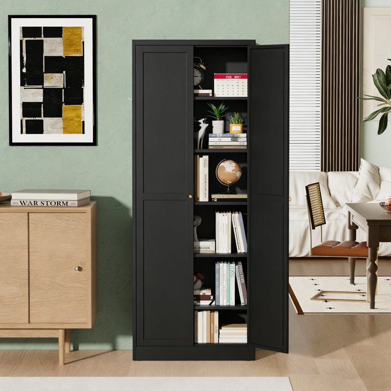 Armoire de cuisine 72 po en métal noir avec portes, organisateur de rangement autoportant robuste avec 5 tablettes réglables