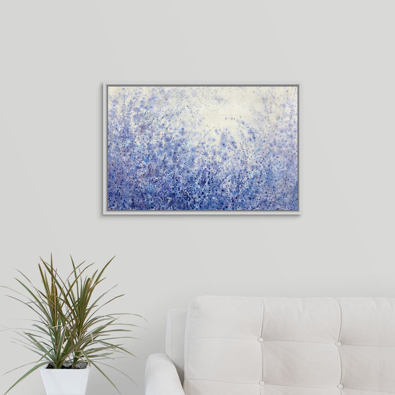« blue jardin escape », peinture sur toile, Cadre flottant blanc, H 17,7 po x l 25,7 po x P 1,75 po