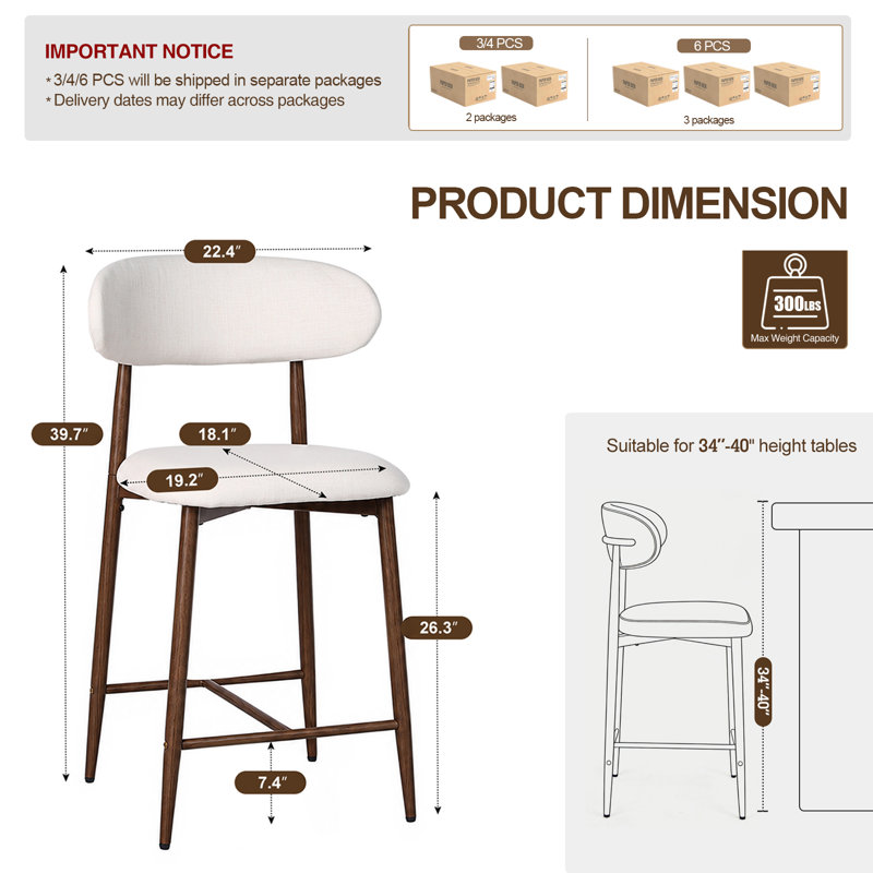 26'' Modern Upholstered Counter Height Bar Stools with Metal Legs for Kitchen Island Dining Room