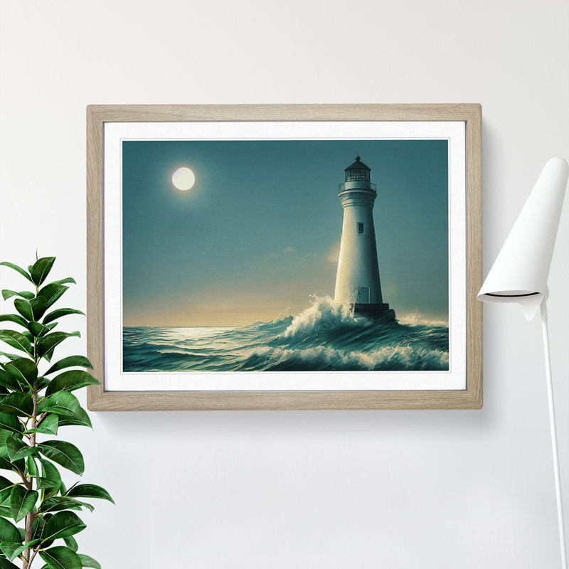 Epic Lighthouse - Single Picture Frame Print, 25cm H x 34cm W x 2cm D, Oak