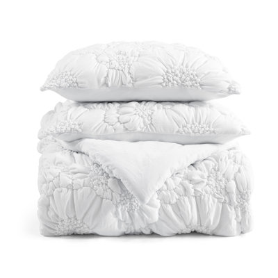 Blossom Cloud Floral White Trendy Puffy Soft Textured 3-Piece Comforter Set - Full/Queen