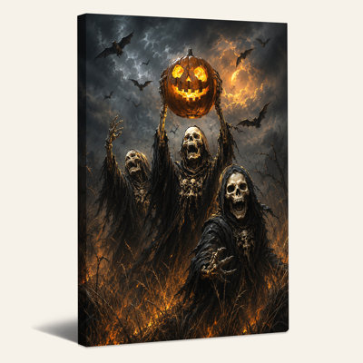 Trois squelettes tenant une citrouille rougeoyante sous une toile d'Halloween