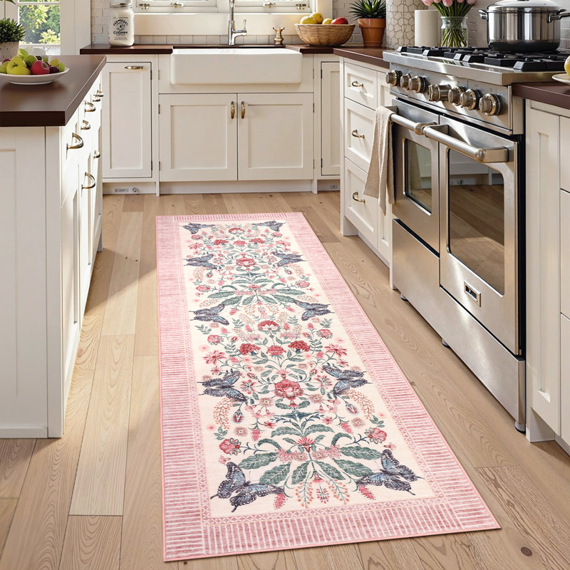 Garden-Inspired Butterfly Washable Area Rug, Stain Resistant Soft Floor Cover for Living Room Bedroom Dining Room, Pink