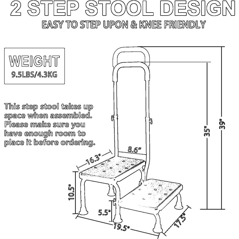 Escabeau de lit réglable avec main courante pour personnes âgées et personnes âgées - capacité de 450 lb, plateforme antidérapante, assemblage sans outil pour les lits hauts et mobilité sécuritaire