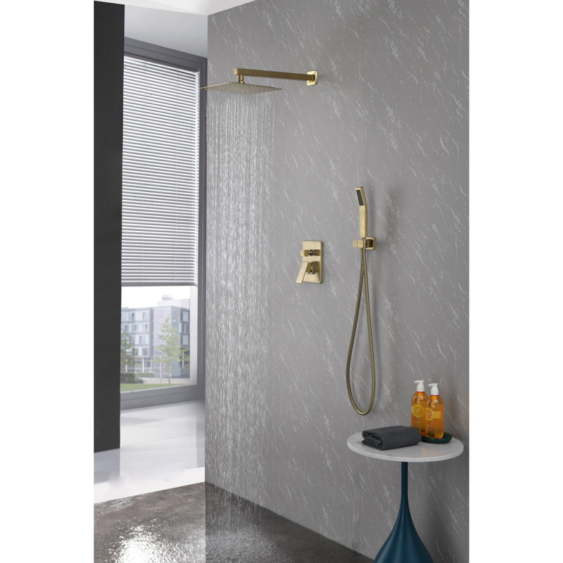 Système de douche en or brossé, pomme de douche à effet pluie de 10 pouces avec ensemble combiné de poche, système de pomme de douche double à pluie haute pression murale, ensemble de robinet de douche avec valve et garniture