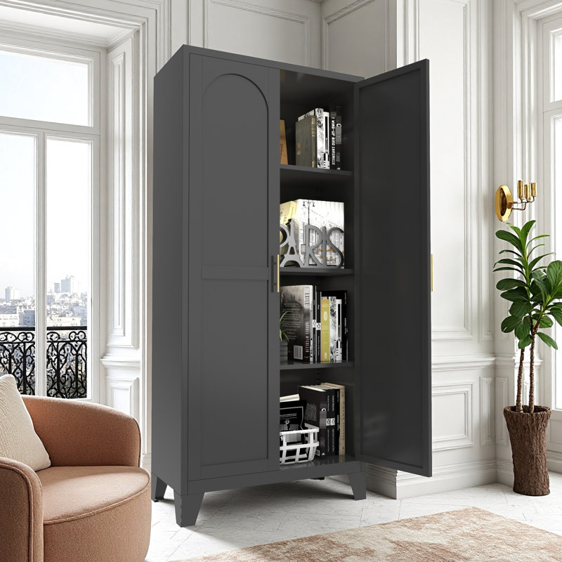 Armoire de 61 po en acier noir avec 2 portes et tablettes réglables, idéale pour la chambre à coucher, le salon, le couloir - grand rangement, écoénergétique, peu encombrante, facile à entretenir