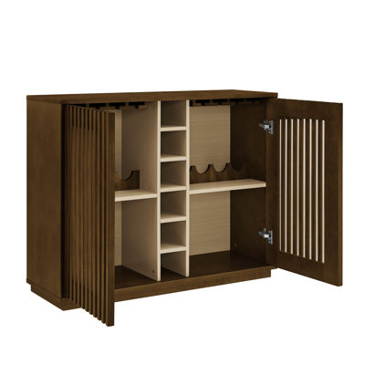 Mid Century Modern Walnut Liquor Cabinet with Wine Glass Holder & Wine Rack - Buffet Storage Cabinet for Living Room, Dining Room, Kitchen
