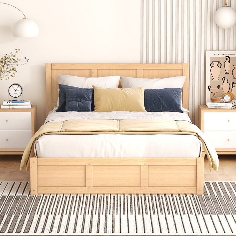 Lit plateforme en bois avec rangement inférieur et 2 tiroirs, Lit double