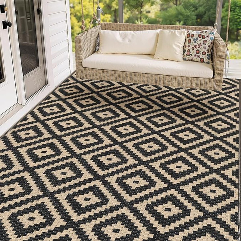 Waterproof Outdoor Rug Outdoor Plastic Straw Rug Reversible Patio Rug Large Outdoor Carpet Area Rug For Patio Backyard Picnic Beach Camping RV Black & Beige