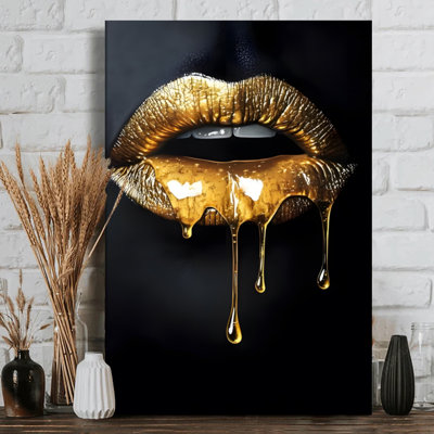 Glamorous Dripping Golden Lips Hyperrealistic Style Gallery Wrapped Canvas Print - 24" H x 36" W x 1" D