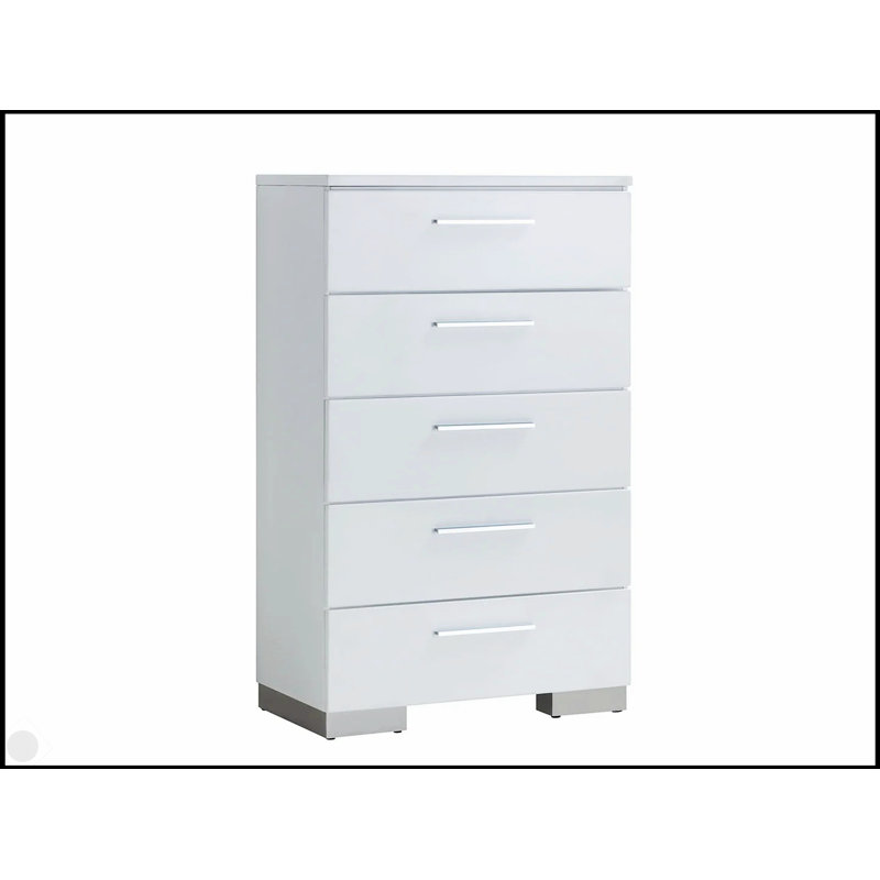 Commode moderne à cinq tiroirs avec finition blanche ultrabrillante et rangement spacieux, Blanc