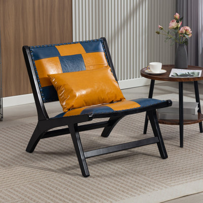 Fauteuil d'appoint Mid-Century moderne, fauteuil en patchwork de similicuir avec coussin, fauteuil de loisir sans cadre
