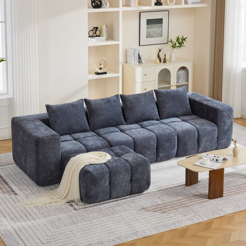 Ensemble de canapé modulaire avec repose-pieds Boneless, Chenille bleu, 25" H x 119.3" W x 39.4" D