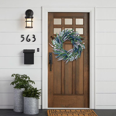 Couronne de lavande artificielle avec feuilles vertes - mauve / vert - porte d'entrée saisonnière et décoration murale