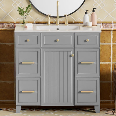 Meuble-lavabo 36 po avec lavabo en céramique, structure en bois massif, portes à fermeture en douceur, tablettes réglables, 3 tiroirs, y compris un tiroir à double profondeur pour le rangement du sèche-cheveux