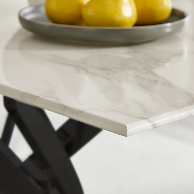 Lenworth Luxury Marble Effect Glass 4 Seater Dining Table - Modern Statement Design, Black, White