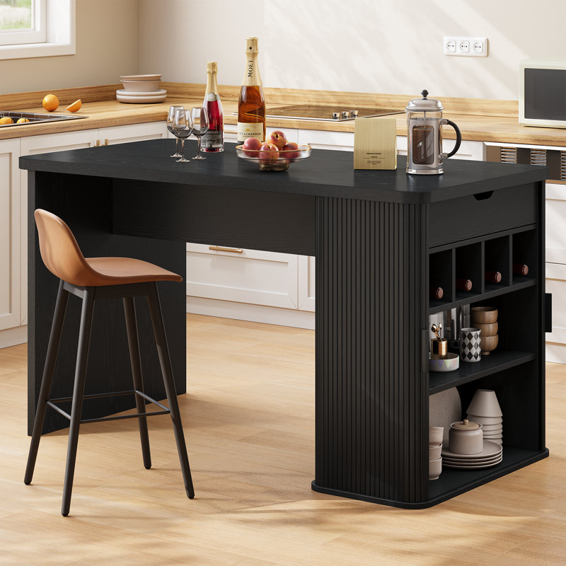 Counter Height Dining Table With Storage, Rectangular Bar Table With Drawer And Wine Rack, Black, 34.7" H x 61" W x 31.5" D