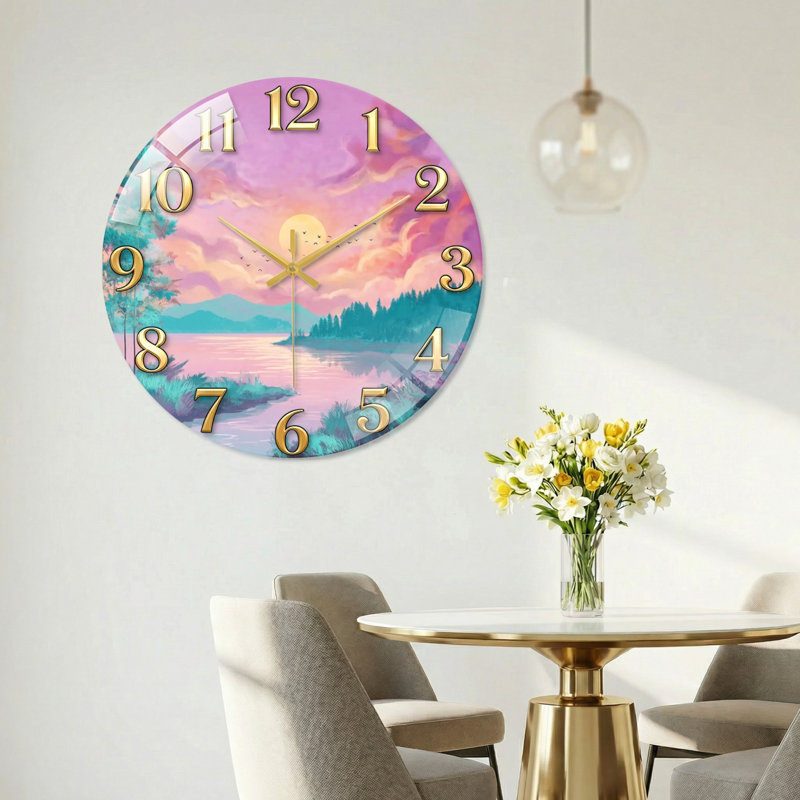 Horloge murale décorative en verre Sunset Lake, 60 x 60 cm (23,6 x 23,6 pouces)