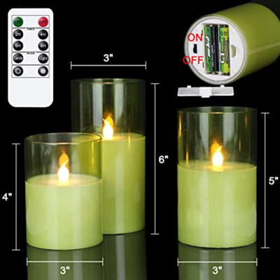 Green Glass Battery Operated Flameless Led Candles With 10-Key Remote And Timer, Real Wax Candles Warm White Flickering Light For Home Decoration(Set Of 3)